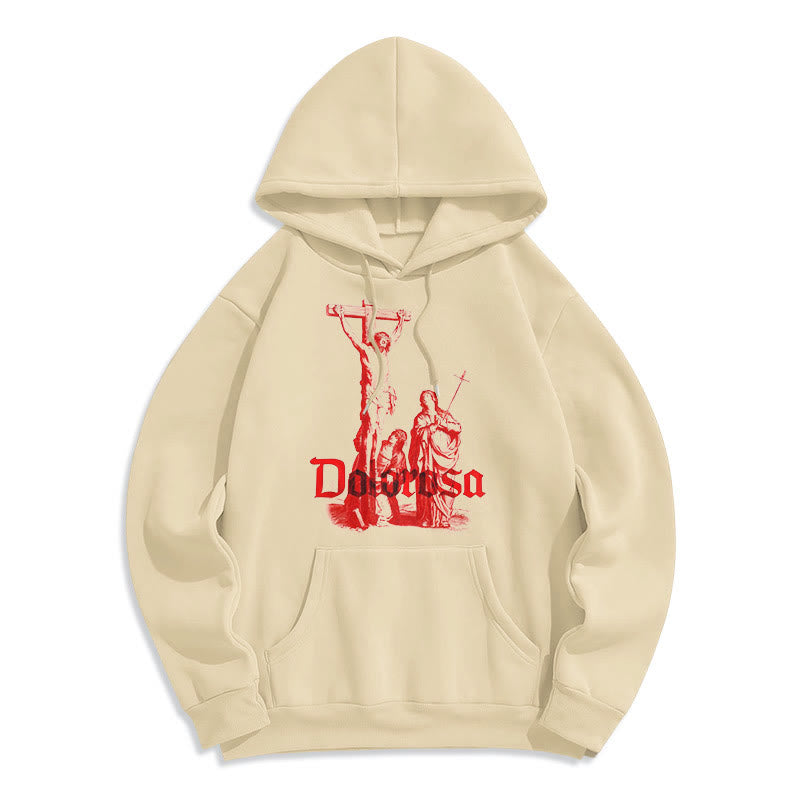 Felpa con cappuccio in poliestere foderata in pile Christianartworkshop in stile classico con crocifisso doloroso di Gesù e fede sacra - Beige - 2XL - image 0