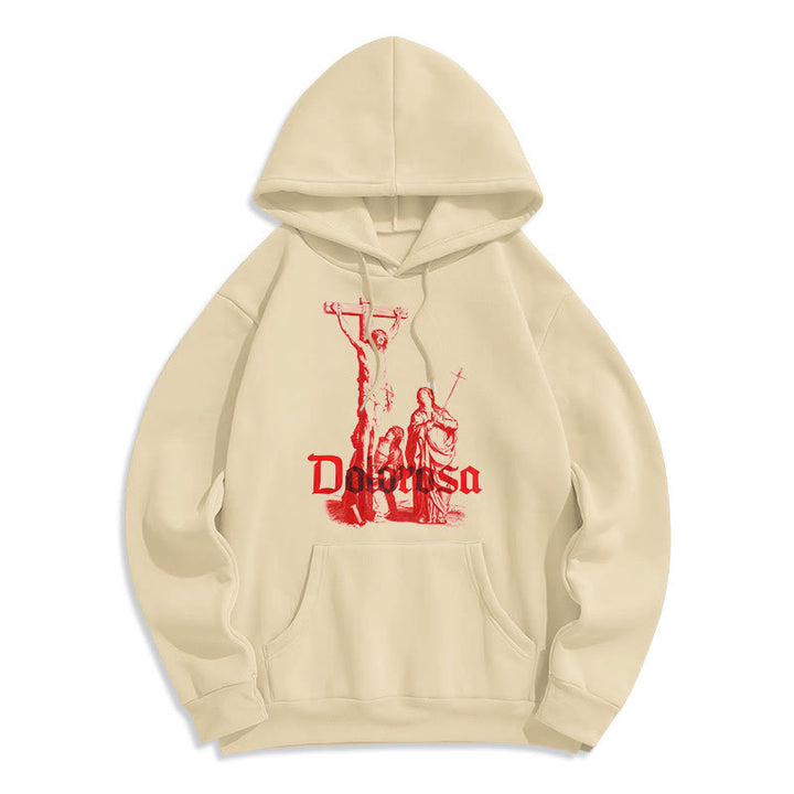Felpa con cappuccio in poliestere foderata in pile Christianartworkshop in stile classico con crocifisso doloroso di Gesù e fede sacra - Beige - 2XL - image 0