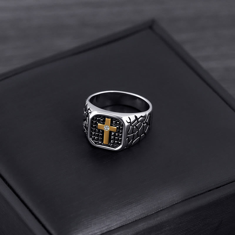 Christianartworkshop Anello della fede divina con croce e motivo in pietra screpolata in stile classico - image 2