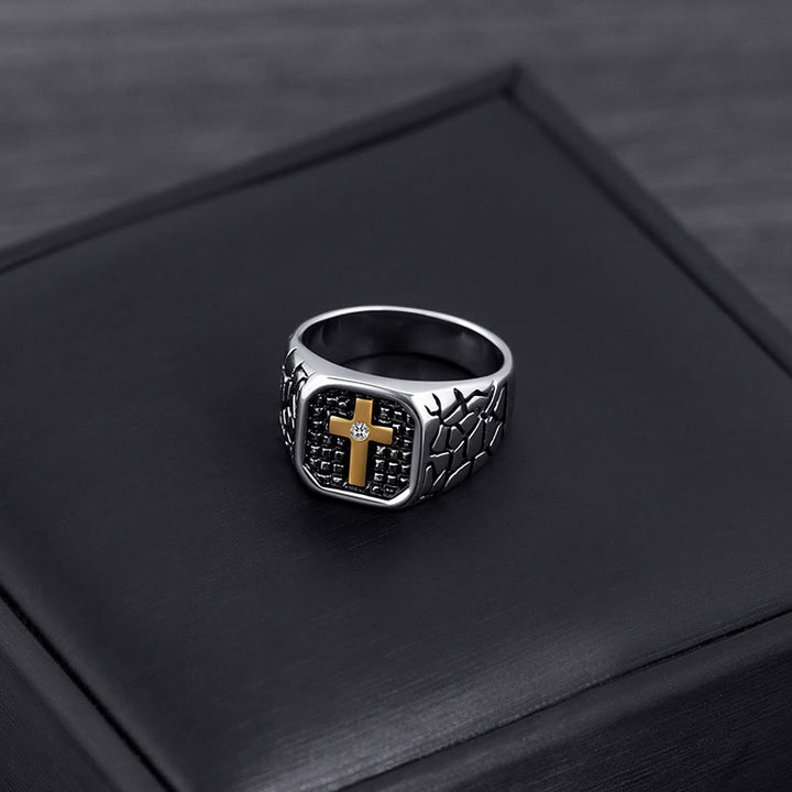 Christianartworkshop Anello della fede divina con croce e motivo in pietra screpolata in stile classico - image 2