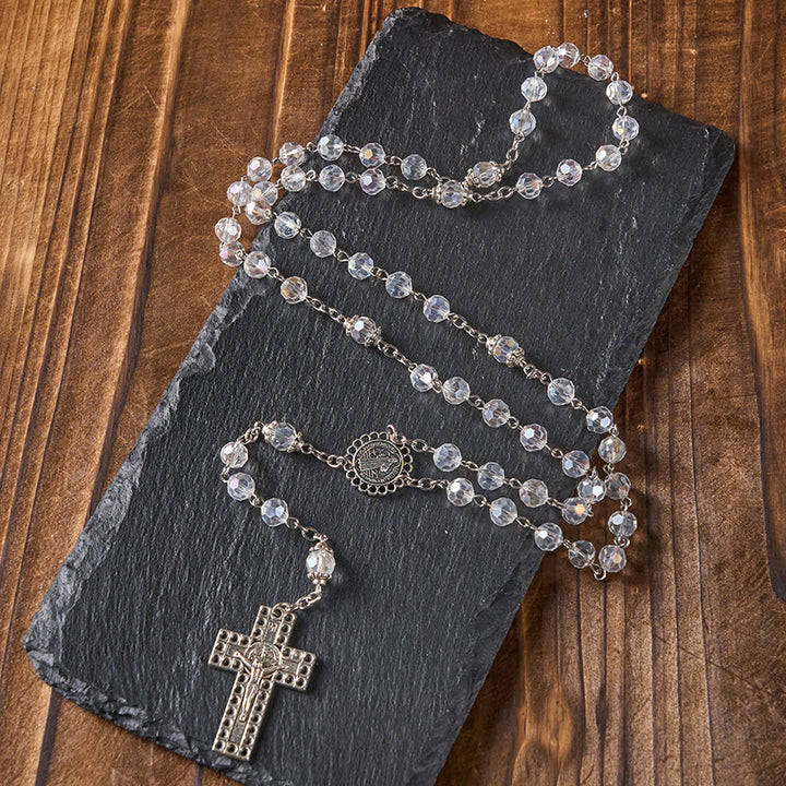 Christianartworkshop Medaglia di San Benedetto e Crocifisso in lega di cristallo trasparente con poliedro da 8 mm Rosario - image 1