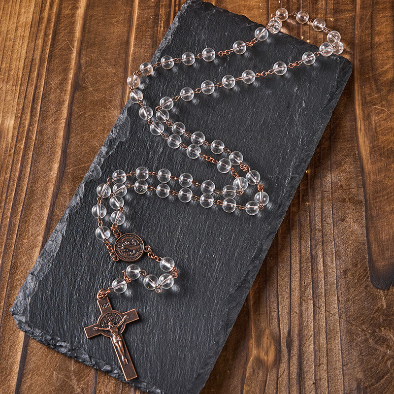 Christianartworkshop Medaglia di San Benedetto e Crocifisso con Rosario in lega di vetro trasparente da 8 mm - San Benedetto e Crocifisso - image 0