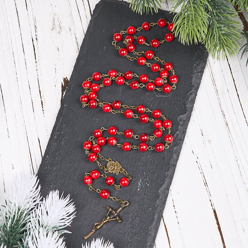 Christianartworkshop Rosario con catena in lega di pietra naturale rossa rotonda da 8 mm e crocifisso - Rosso - image 0