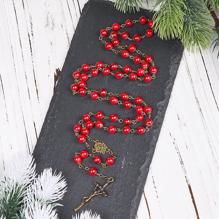 Christianartworkshop Rosario con catena in lega di pietra naturale rossa rotonda da 8 mm e crocifisso - Rosso - image 0