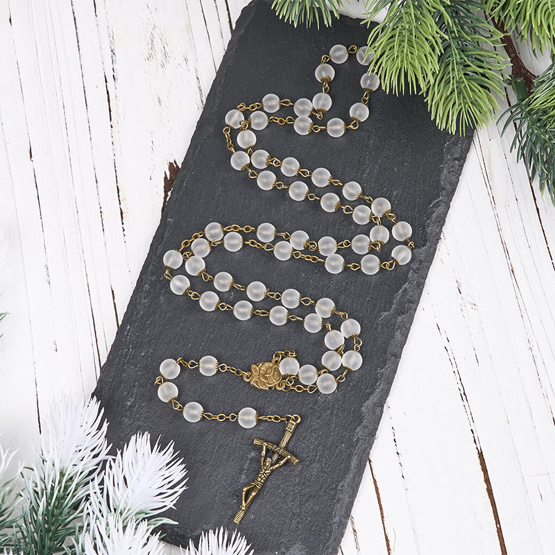 Christianartworkshop Rosario con catena in lega di vetro trasparente rotonda da 8 mm, rosa e crocifisso - image 1