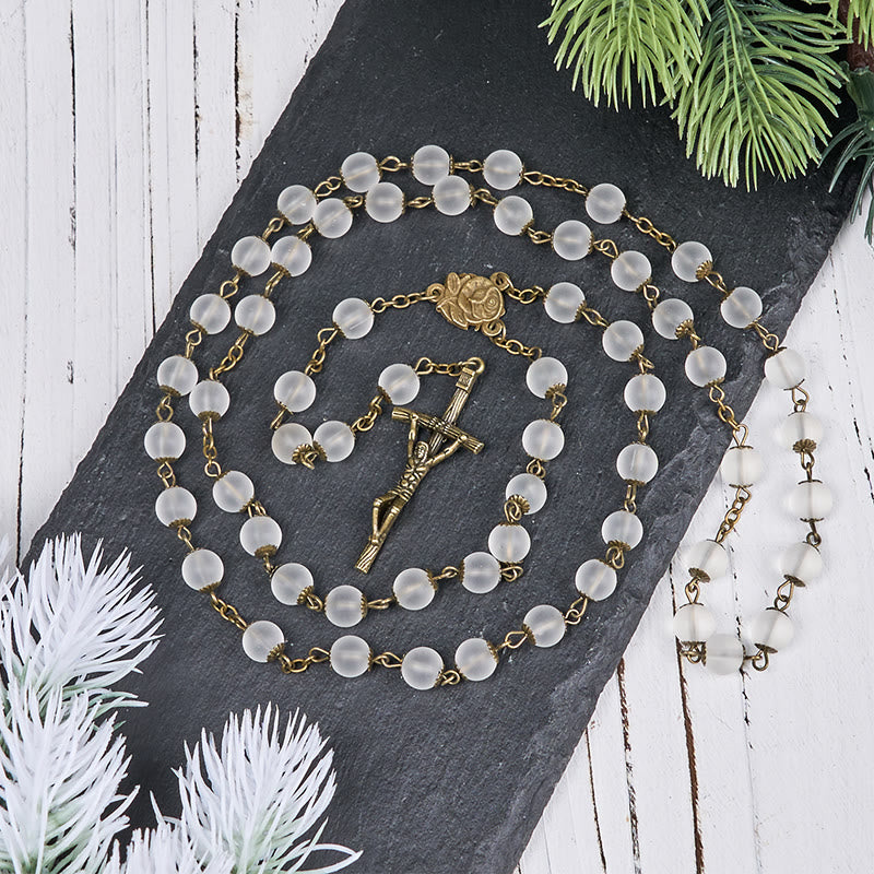 Christianartworkshop Rosario con catena in lega di vetro trasparente rotonda da 8 mm, rosa e crocifisso - image 2