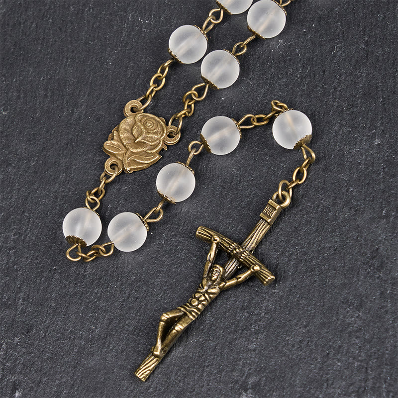 Christianartworkshop Rosario con catena in lega di vetro trasparente rotonda da 8 mm, rosa e crocifisso - image 5