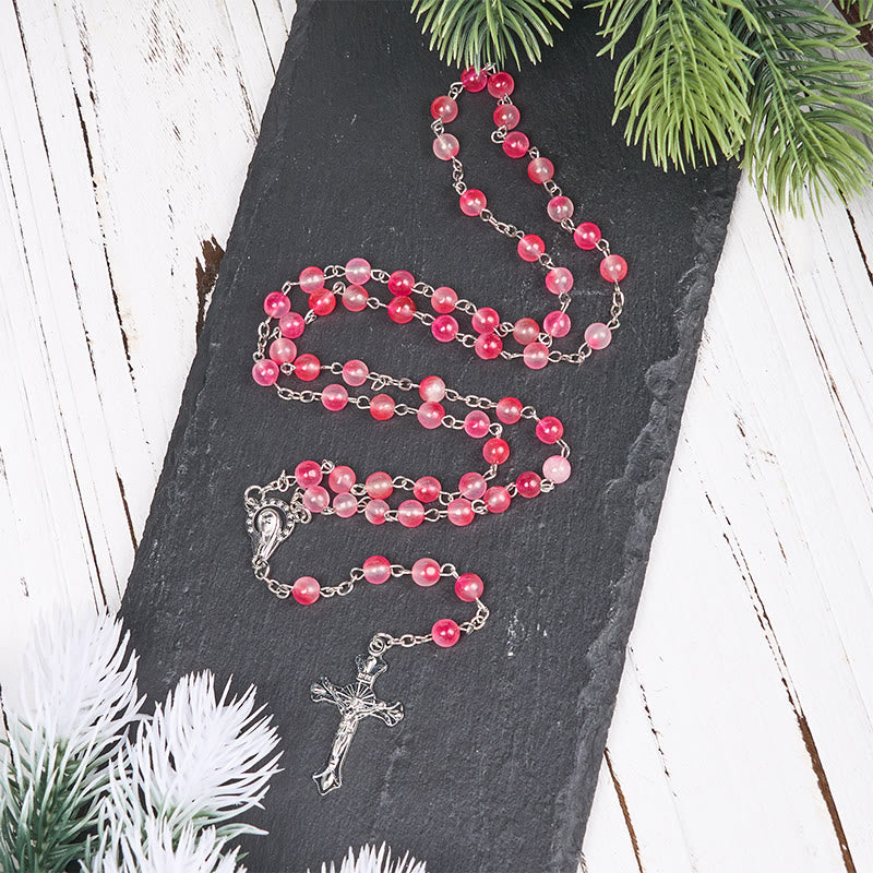 Rosario con catena in lega di agata rosa rotonda da 8 mm raffigurante la Vergine Maria e il Crocifisso Christianartworkshop - image 2