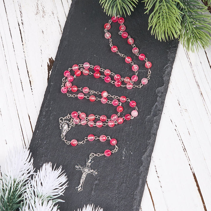 Rosario con catena in lega di agata rosa rotonda da 8 mm raffigurante la Vergine Maria e il Crocifisso Christianartworkshop - image 2