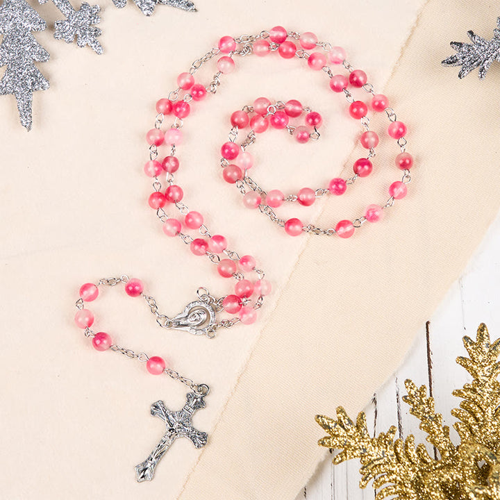 Rosario con catena in lega di agata rosa rotonda da 8 mm raffigurante la Vergine Maria e il Crocifisso Christianartworkshop - Vergine Maria e Crocifisso - image 0