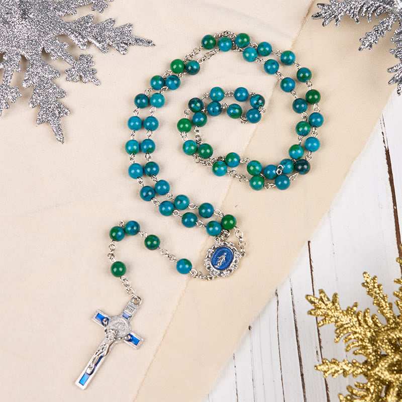 Christianartworkshop Medaglia Miracolosa e Crocifisso con Catena Rosario in Lega di Pietra Verde Blu Rotonda da 8 mm - image 2