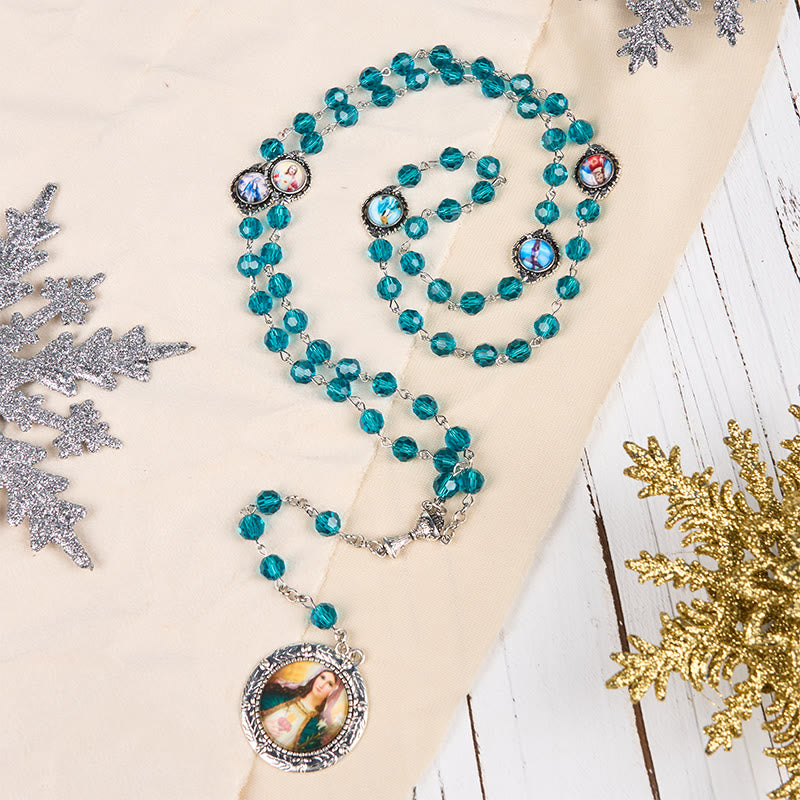 Rosario in lega di vetro blu con catena in poliedro da 8 mm del Sacro Cuore di Gesù e del Cuore Immacolato di Maria Christianartworkshop - image 1