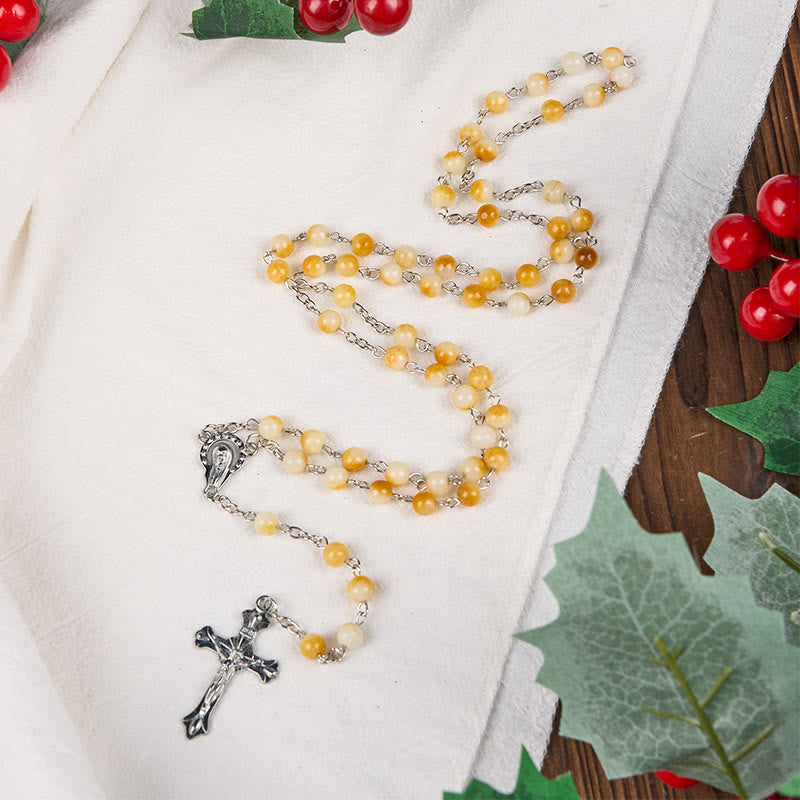 Rosario con catena in lega di agata gialla rotonda da 8 mm raffigurante la Vergine Maria e il Crocifisso Christianartworkshop - image 1