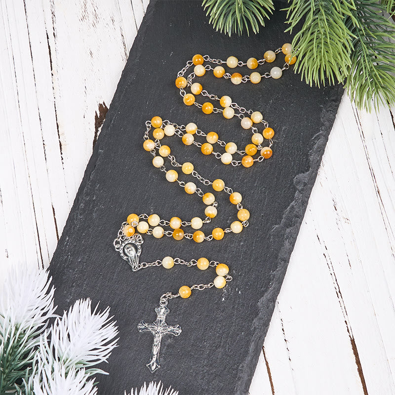 Rosario con catena in lega di agata gialla rotonda da 8 mm raffigurante la Vergine Maria e il Crocifisso Christianartworkshop - Giallo - image 0
