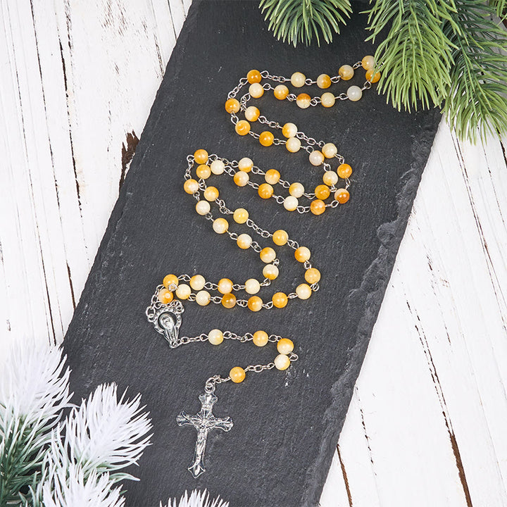 Rosario con catena in lega di agata gialla rotonda da 8 mm raffigurante la Vergine Maria e il Crocifisso Christianartworkshop - Giallo - image 0