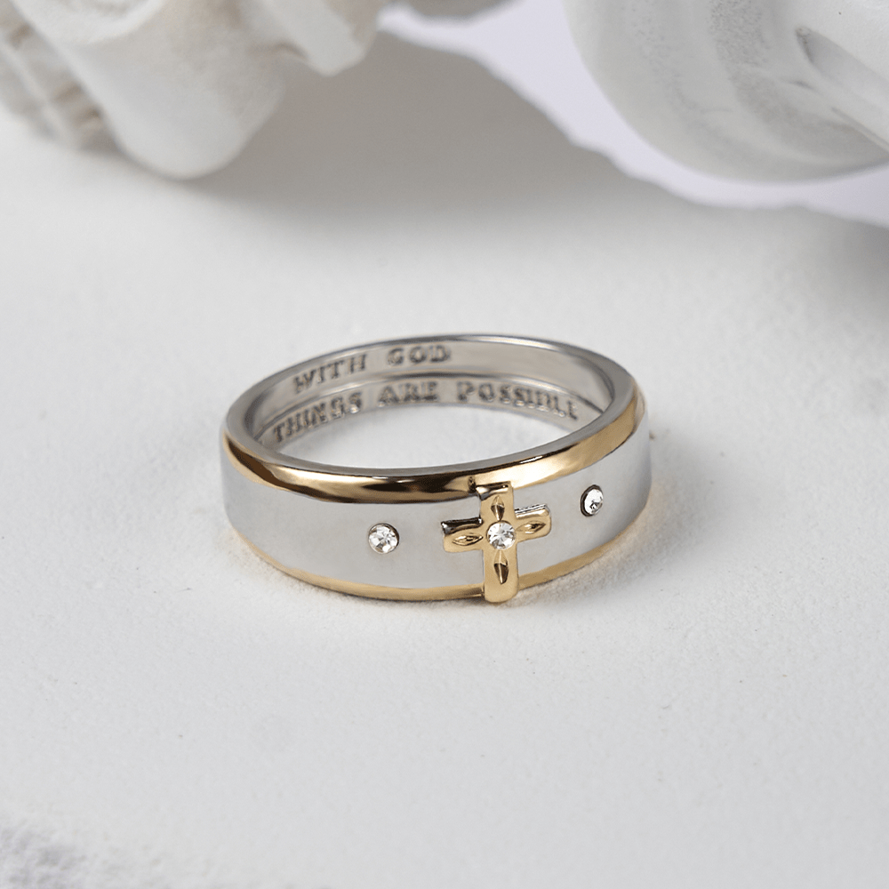 Anello in lega bicolore con croce in oro in stile moderno Christianartworkshop (prodotto in Terra Santa) - US 13 - image 0