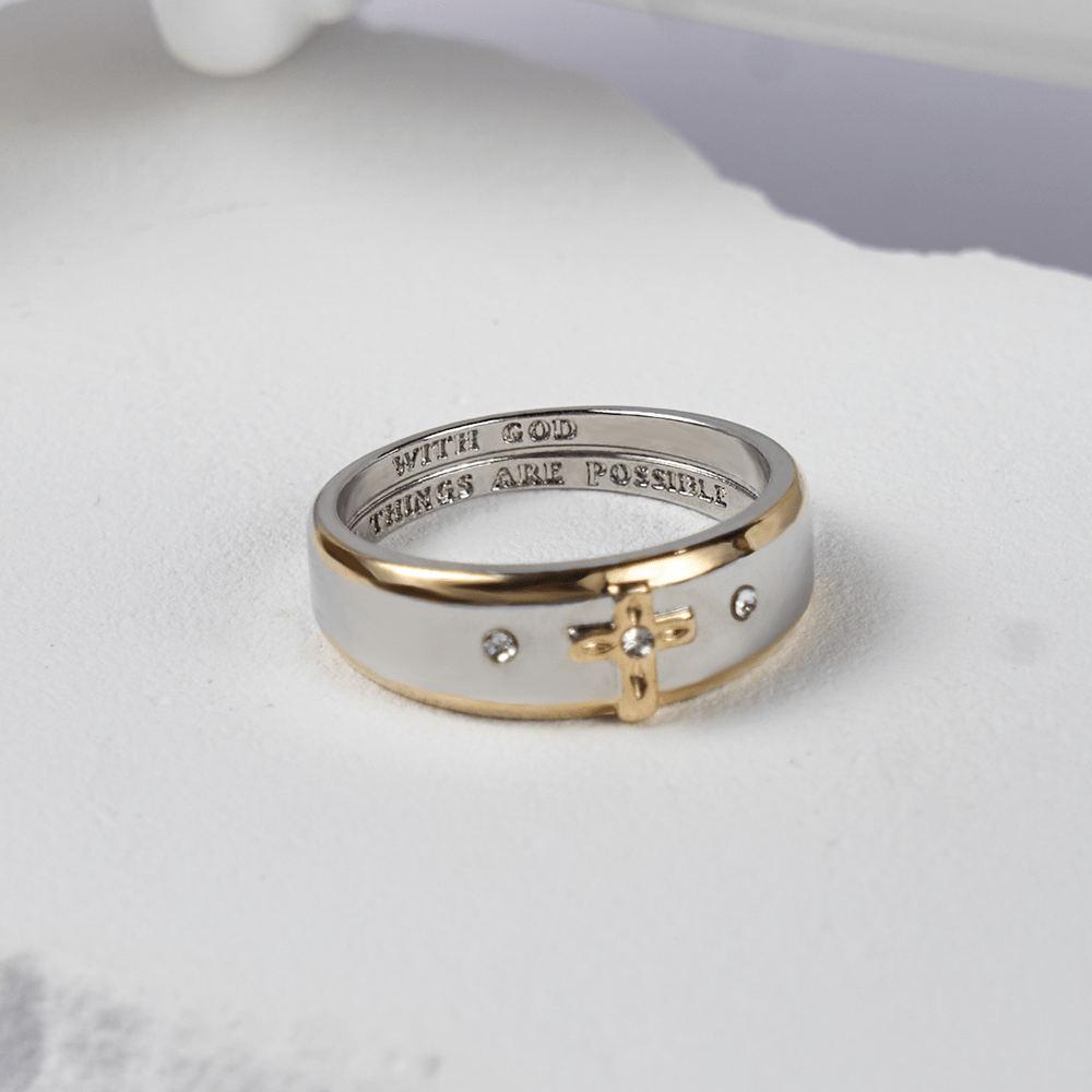 Anello in lega bicolore con croce in oro in stile moderno Christianartworkshop (prodotto in Terra Santa) - image 1