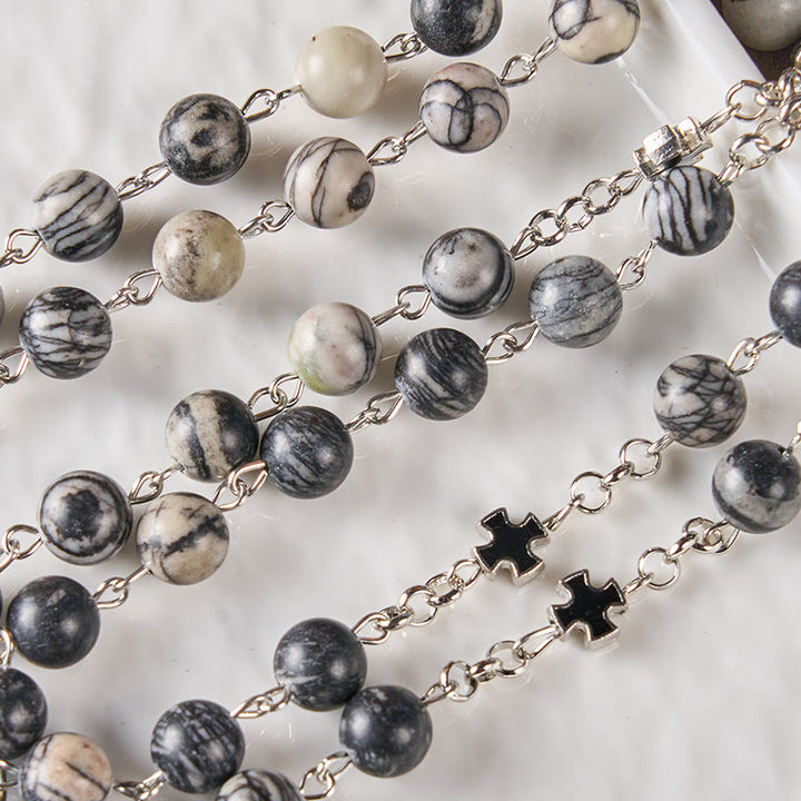 Christianartworkshop Medaglia Miracolosa e Crocifisso con Catena in Lega di Pietra Naturale Grigio Mimetico Rotonda da 8 mm - image 4