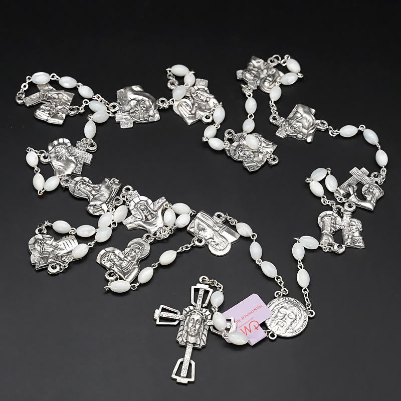 Christianartworkshop Via Crucis 14 Stazioni della Via Crucis Rosario ovale in lega di madreperla/legno d'ulivo - Madreperla - Con centrotavola - image 2