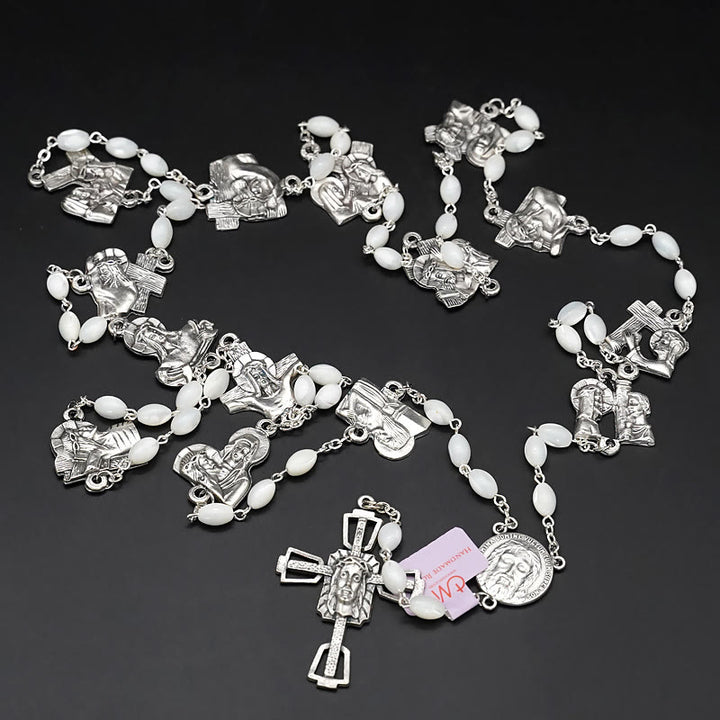 Christianartworkshop Via Crucis 14 Stazioni della Via Crucis Rosario ovale in lega di madreperla/legno d'ulivo - Madreperla - Con centrotavola - image 2