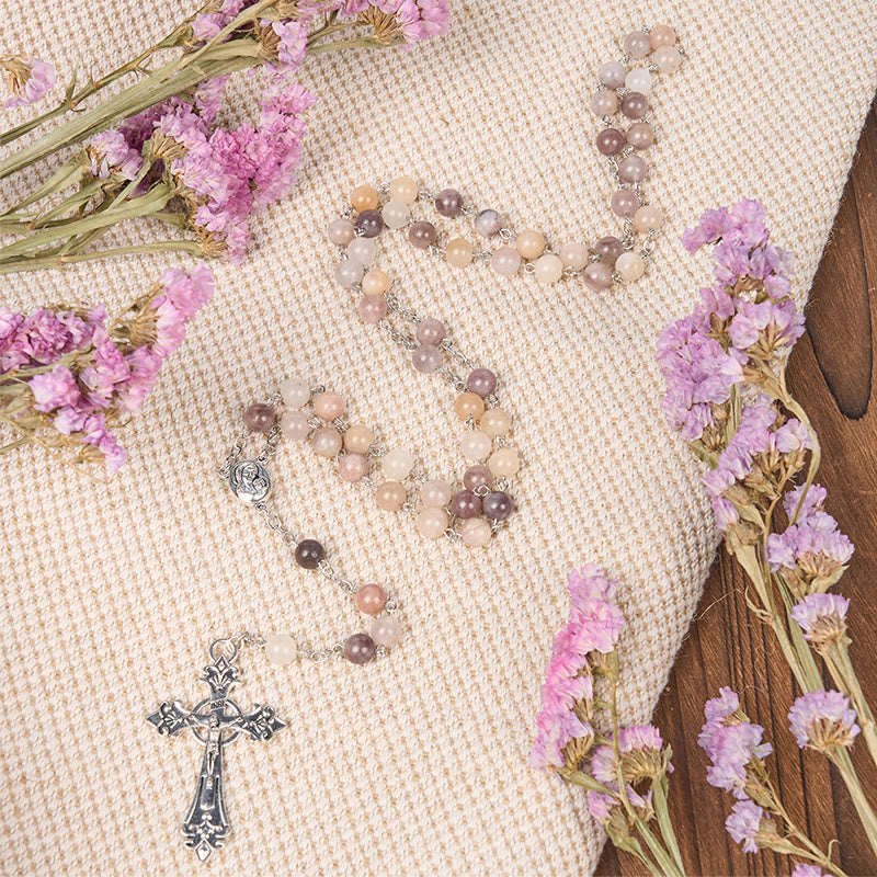 Christianartworkshop Madonna con Bambino e Crocifisso di Rosario con catena in lega di agata multicolore rotonda da 8 mm - Madonna col Bambino e Crocifisso - image 0