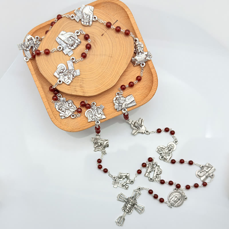 Christianartworkshop Via Crucis, le stazioni della Via Crucis, Rosario rotondo in lega di agata rossa/nera - image 1