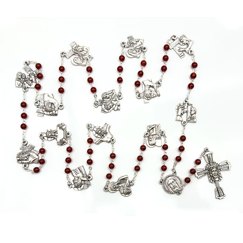 Christianartworkshop Via Crucis, le stazioni della Via Crucis, Rosario rotondo in lega di agata rossa/nera - image 6