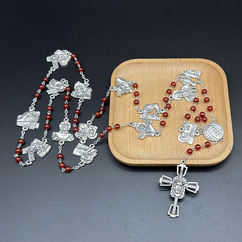 Christianartworkshop Via Crucis, le stazioni della Via Crucis, Rosario rotondo in lega di agata rossa/nera - Rosso - image 0