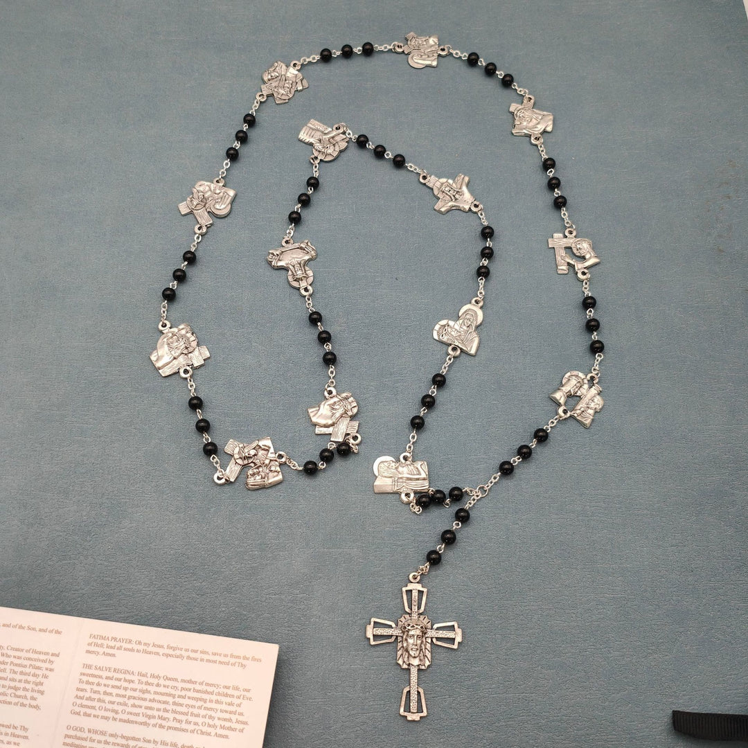 Christianartworkshop Via Crucis, le stazioni della Via Crucis, Rosario rotondo in lega di agata rossa/nera - Nero - image 2
