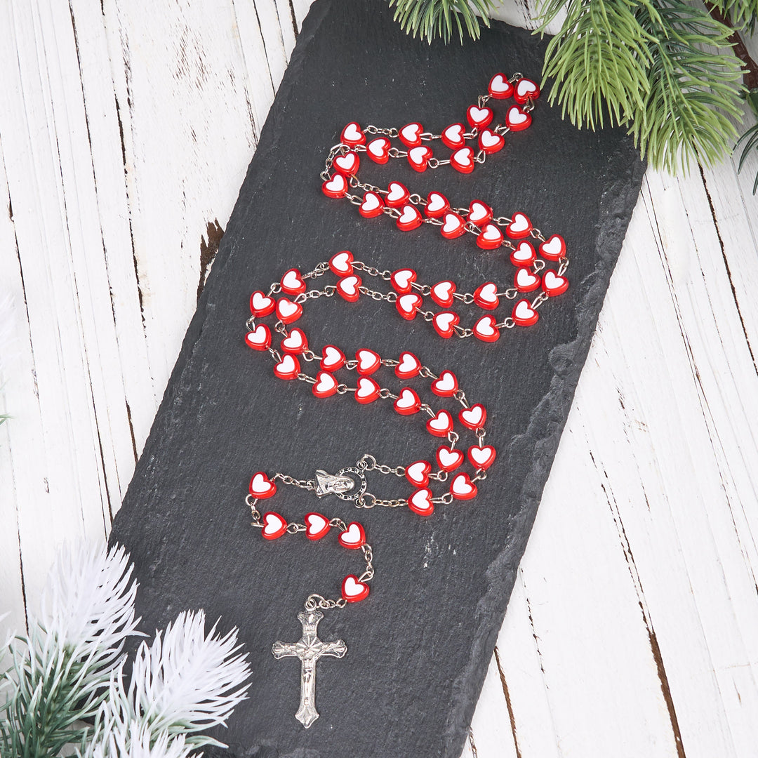 Rosario in lega acrilica multicolore con cuore da 6 mm , Vergine Maria e crocifisso (4 colori) - Rosso - image 0