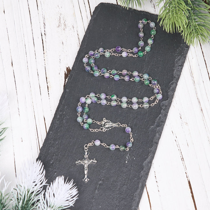 Rosario con catena in lega di agata viola verde rotonda da 6 mm con Vergine Maria e Crocifisso Christianartworkshop - image 3