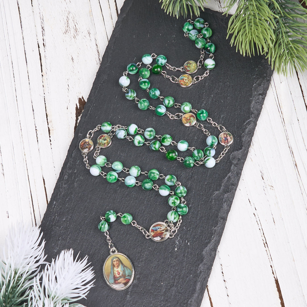 Christianartworkshop Rosario con catena in lega acrilica blu/verde rotonda da 8 mm, sette dolori - Verde - image 1
