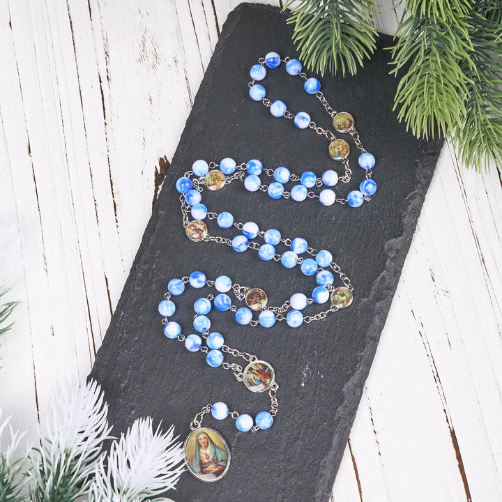 Christianartworkshop Rosario con catena in lega acrilica blu/verde rotonda da 8 mm, sette dolori - Blu + Bianco - image 0
