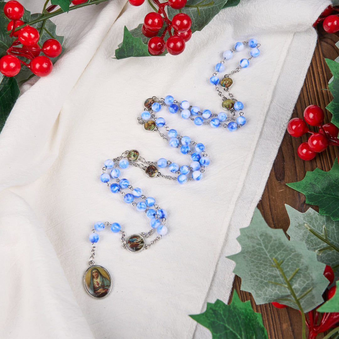 Christianartworkshop Rosario con catena in lega acrilica blu/verde rotonda da 8 mm, sette dolori - image 2