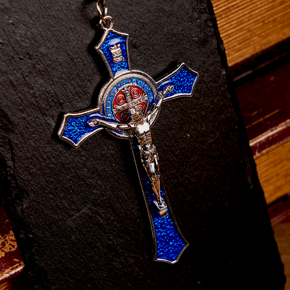 Collana con ciondolo di grandi dimensioni con crocifisso artigianale rosso/blu in stile classico Christianartworkshop (5 colori) - Argento-blu - Catena di perline - image 14