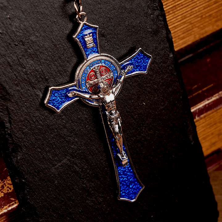 Collana con ciondolo di grandi dimensioni con crocifisso artigianale rosso/blu in stile classico Christianartworkshop (5 colori) - Argento-blu - Catena di perline - image 14