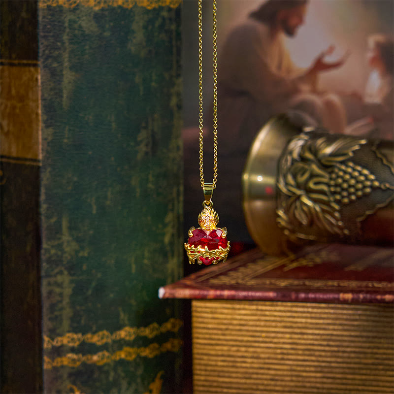 Christianartworkshop LA FEDE COME ARMATURA: Collana con ciondolo del Sacro Cuore di Gesù con pietre preziose rosse - image 7