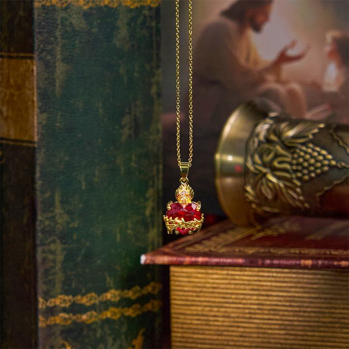 Christianartworkshop LA FEDE COME ARMATURA: Collana con ciondolo del Sacro Cuore di Gesù con pietre preziose rosse - image 7