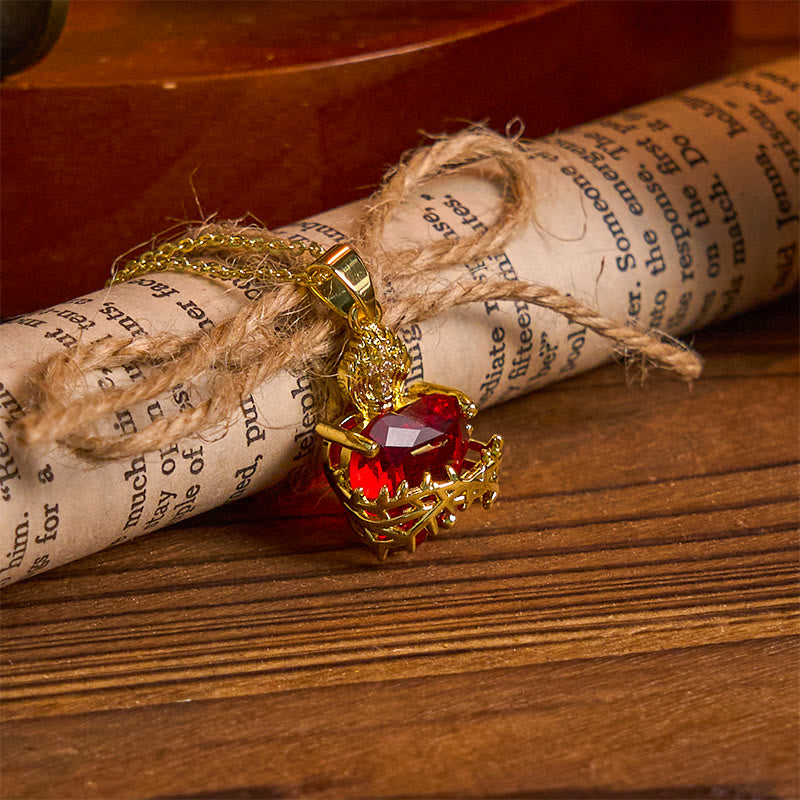 Collana con ciondolo del Sacro Cuore di Gesù in stile moderno con pietre preziose rosse lavorate Christianartworkshop - image 9