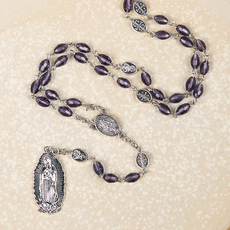 Christianartworkshop Rosario con catena in lega di cristallo viola ovale da 6*8 mm con medaglia miracolosa e Madonna di Guadalupe - image 2