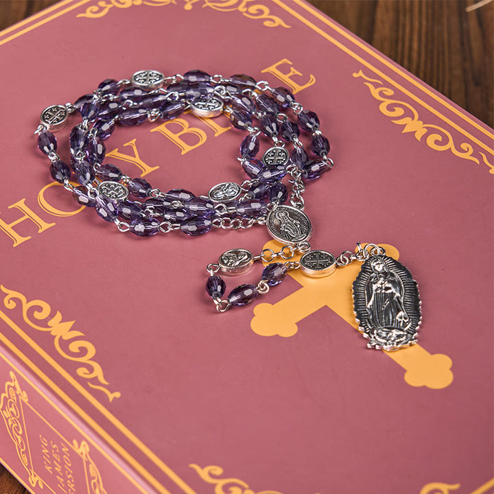 Christianartworkshop Rosario con catena in lega di cristallo viola ovale da 6*8 mm con medaglia miracolosa e Madonna di Guadalupe - image 4