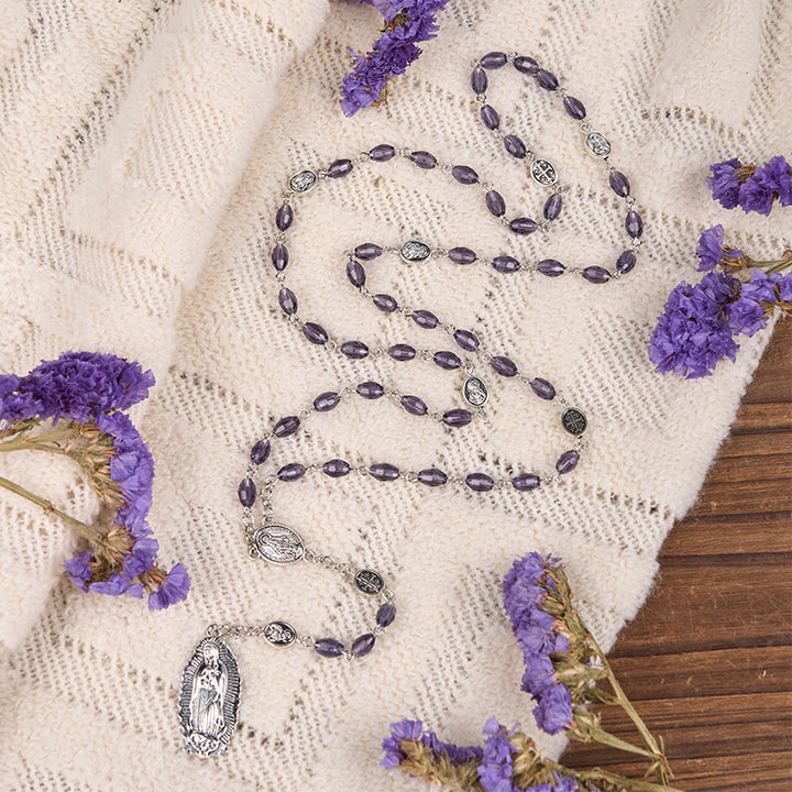 Christianartworkshop Rosario con catena in lega di cristallo viola ovale da 6*8 mm con medaglia miracolosa e Madonna di Guadalupe - Viola - image 0