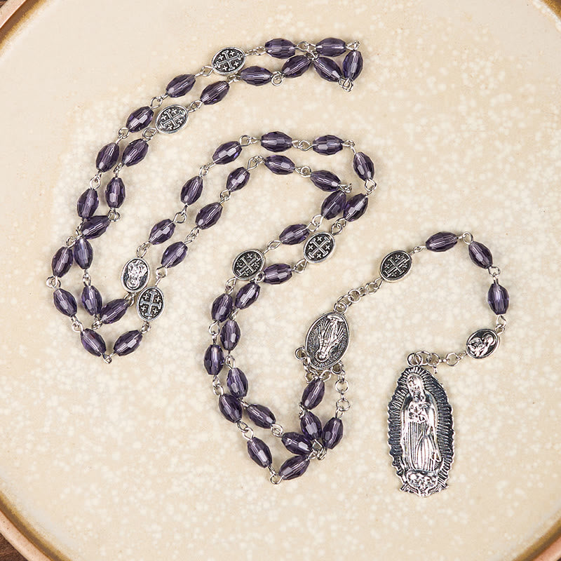 Christianartworkshop Rosario con catena in lega di cristallo viola ovale da 6*8 mm con medaglia miracolosa e Madonna di Guadalupe - image 3
