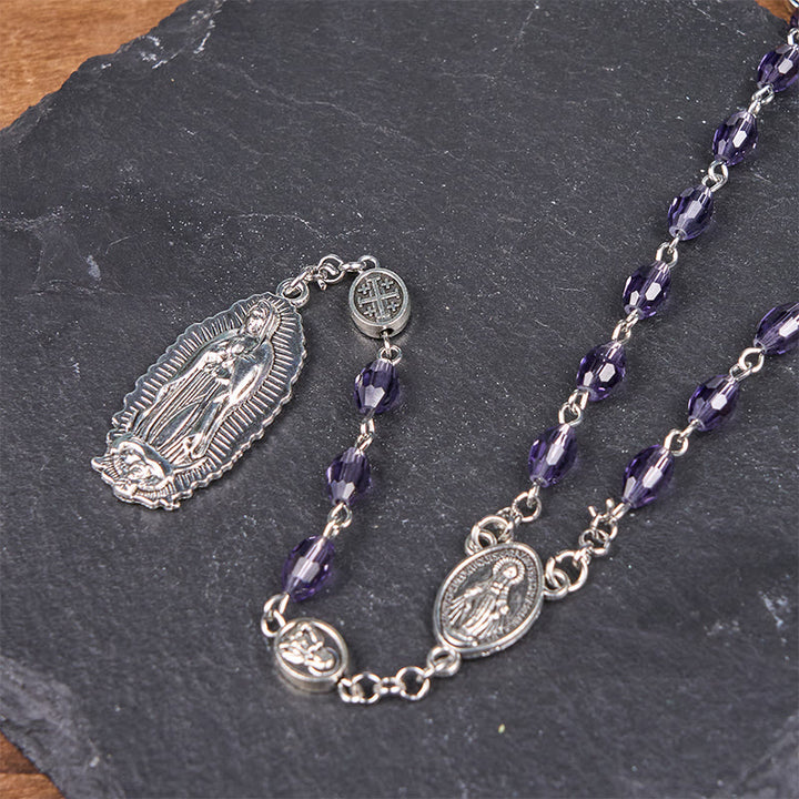 Christianartworkshop Rosario con catena in lega di cristallo viola ovale da 6*8 mm con medaglia miracolosa e Madonna di Guadalupe - image 6