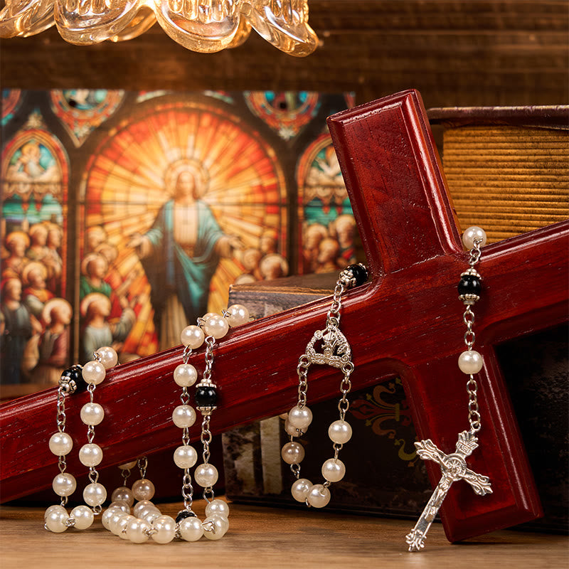 Christianartworkshop Rosario con catena in lega acrilica bianca rotonda da 8 mm con Cuore Immacolato di Maria e Crocifisso - Cuore Immacolato di Maria e Crocifisso - image 0