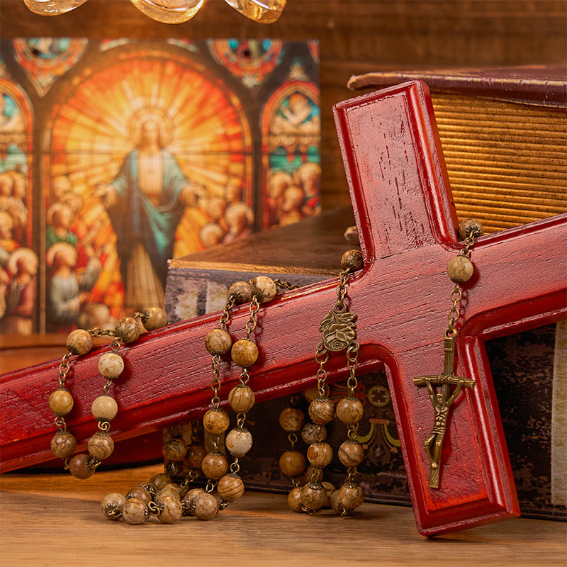 Rosario con catena in lega di pietra marrone rotonda da 8 mm, rosa e crocifisso Christianartworkshop - image 1