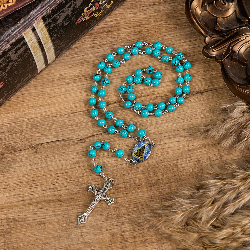 Christianartworkshop Nostra Signora di Aparecida e Crocifisso di Rosario in lega di vetro verde rotondo da 8 mm - image 1