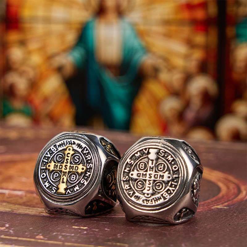 Anello della fede divina con croce di San Benedetto in stile classico Christianartworkshop - image 0