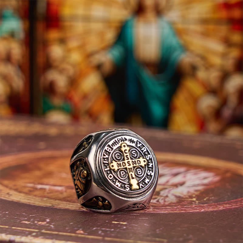 Anello della fede divina con croce di San Benedetto in stile classico Christianartworkshop - image 3