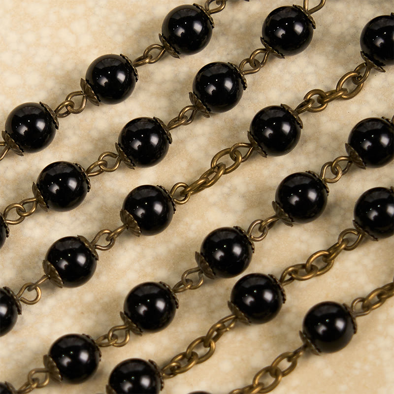 Christianartworkshop Rosario con catena in lega di pietra nera rotonda da 10 mm, rosa e crocifisso - image 5